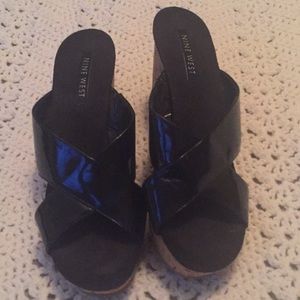 Black patent leather cork wedges